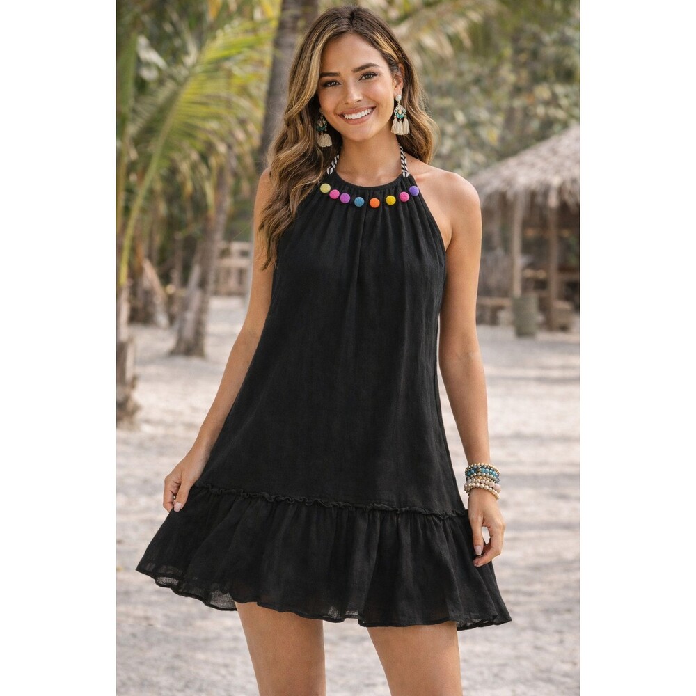Boho Pom Pom Halter Dress Gauze Black Festival Flowy Tassel Lined L